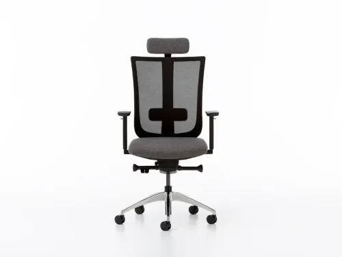 MOVE yönetici ofis koltuğu, gri kumaş oturumu, başlıklı yapısı ve fileli sırt formuyla çağdaş çalışma alanlarına akışkan ergonomi kazandırır.