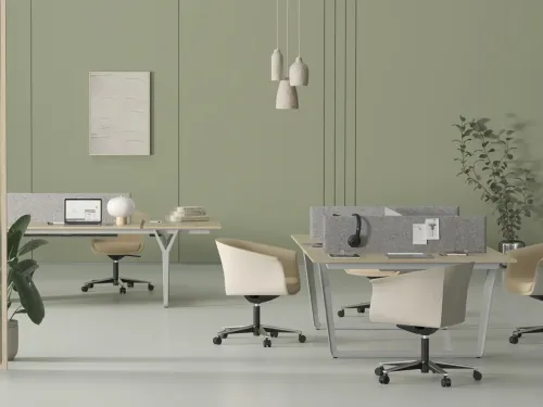 NOTE workstation, açık ofis içinde panel bölücü çalışma masası kurgusu ve sade metal ayak diliyle modern ofis masası ihtiyacına düzenli bir yanıt verir.
