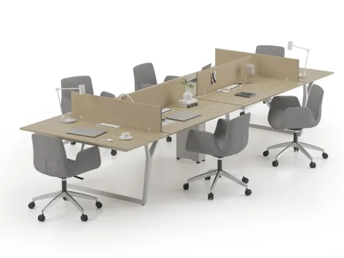 NOTE personel masaları, panel bölücülü altılı workstation düzeniyle ekiplerin aynı alanda daha kontrollü ve net çalışmasına yardımcı olur.