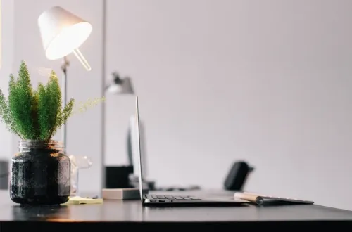 Bitki, masa lambası ve dizüstü bilgisayarla hazırlanmış ferah ofis ortamı, yaz aylarında çalışma alanlarına sakinlik ve canlılık katan modern bir masa düzenini gösteriyor.