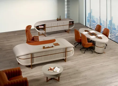 OPAL VIP makam takımı oval masa, dikey panel detaylı ofis masası ve modern oval prestij masa takımı olarak premium executive desk deneyimini bütüncül bir mimariyle sunar.