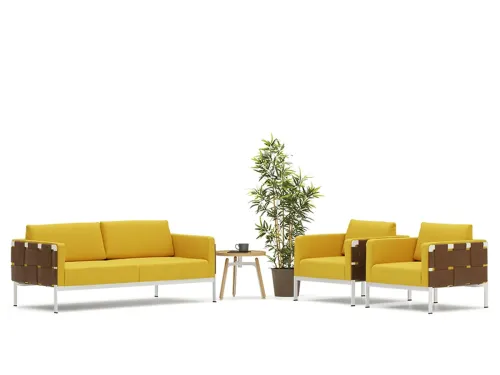 Sarı kanepe ve tekli koltuklardan oluşan Piet oturma grubu; ofis lobi alanı, resepsiyon ve bekleme salonlarında sıcak ama modern bir atmosfer kurar.
