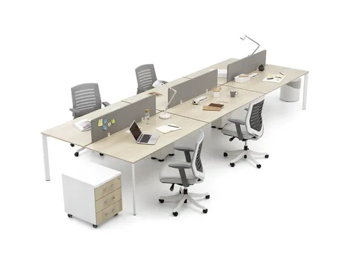 PUZZLE workstation masa, Akasya yüzeyi, gri panelleri ve mobil depolama modülüyle açık ofislerde düzenli bir çalışma sistemi oluşturur.