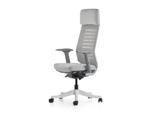 RARE açık gri fileli yönetici koltuğu, yan profilde başlıklı yüksek sırt formunu, ayarlanabilir kolçak yapısını ve modern ergonomik ofis koltuğu karakterini gösterir.