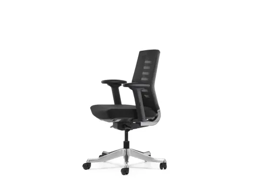 RARE orta sırt fileli ergonomik ofis koltuğu, yan profilde kompakt silueti, dengeli oturum yapısı ve alüminyum ayak detayıyla operasyonel kullanımı destekler.