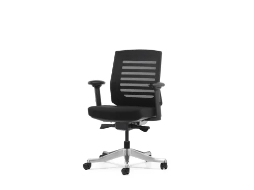 RARE siyah premium ofis sandalyesi, file sırtı, siyah oturumu ve parlak alüminyum ayak yapısıyla kurumsal çalışma alanları için modern bir çözüm sunar.