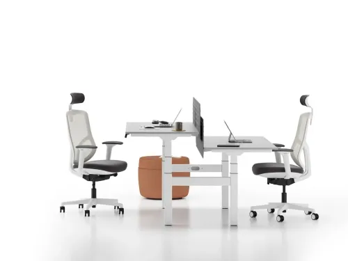 SET standing desk masa, beyaz yüzey, gri panel ve karşılıklı çalışma kurgusuyla iki kişilik ofislerde oturarak ve ayakta çalışma esnekliği sağlar.