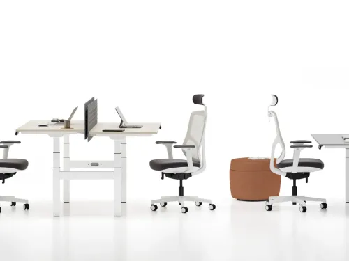SET yükseklik ayarlı ofis masası, sade beyaz yüzeyi ve gri panel bölücüsüyle ergonomik, düzenli ve sağlıklı bir çalışma atmosferi oluşturur.