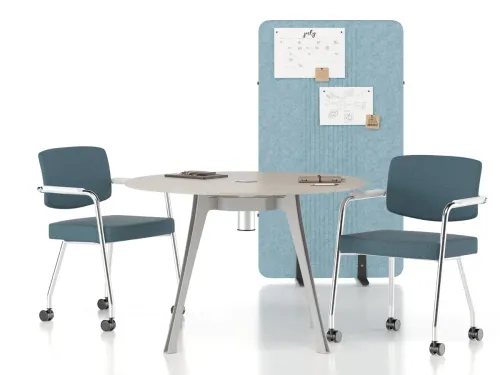 Açık Akasya yüzeyi, yuvarlak formu ve sakin ofis kurgusuyla STRIPE, modern meeting table arayan çalışma alanlarına yumuşak bir profesyonellik katar.