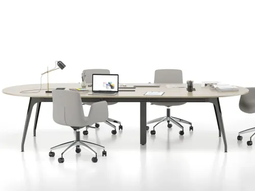 Oval form, Akasya yüzey ve antrasit ayak yapısı; STRIPE ARC’ı uzun toplantılar ve kurumsal karar süreçleri için dengeli bir meeting table hâline getirir.