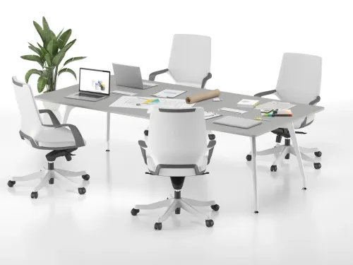 Gri tabla yüzeyi, zarif kavisli ayak yapısı ve geniş kullanım alanıyla STRIPE ARC, modern ofis toplantıları için sade bir çözüm oluşturur.