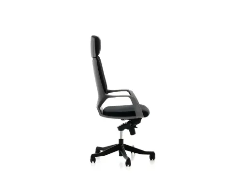 SWAN siyah başlıklı ofis koltuğu, profil görünümde yüksek sırt çizgisi, dengeli oturum yapısı ve modern çalışma koltuğu karakteriyle öne çıkar.