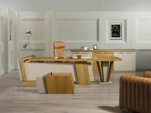 Titan VIP makam takımı güçlü mimari liderlik masası, yönetici misafir koltuğu ve konsol ile tam kurulum. Meşe rose metal ve mitolojik esintili modern ofis masası.