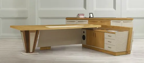 Titan VIP makam takımı heykelsi ayaklı büyük yönetici masası. Mimari blok yapı ofis masası ve meşe rose metal detaylı premium makam takımı tasarımı.