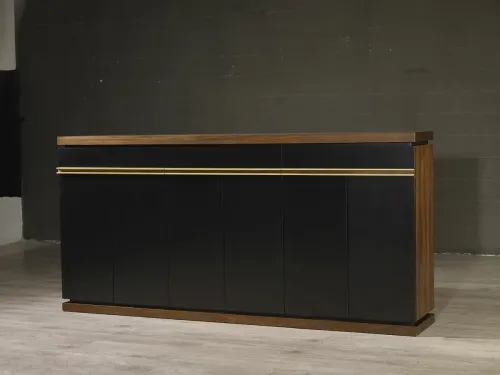 Venti VIP makam takımı konsol. Gold çizgili lüks makam masası, ahşap lake modern yönetici masası ve blok form yönetici masa modelleri.