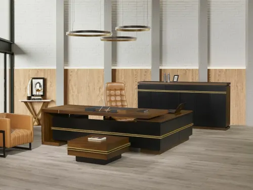 Venti VIP makam takımı venti vip modern yönetici masası, yönetici misafir koltuğu ve konsol ile tam ofis kurulum. Gold çizgili lüks makam masası ve premium vip ofis takımı venti.