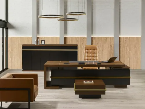 Venti VIP makam takımı venti vip modern yönetici masası, yönetici misafir koltuğu ve konsol ile tam ofis kurulum. Gold çizgili lüks makam masası, blok form yönetici masa modelleri ve premium vip ofis takımı venti ile güçlü liderlik atmosferi.
