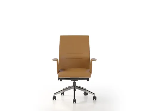 Taba deri yüzeyi, geniş oturum alanı ve çizgisel sırt detayıyla WORD, ergonomik ofis koltuğu arayan kurumsal alanlar için rafine bir seçenek sunar.